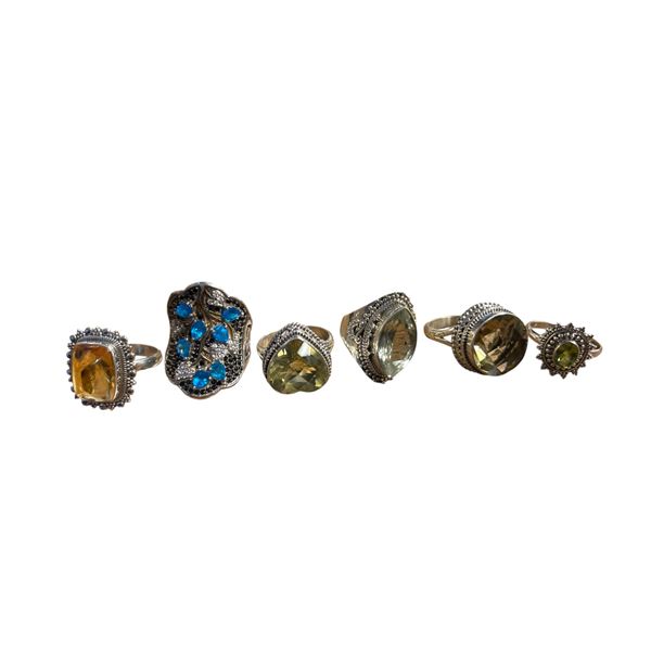 6 New Faceted Topaz, Peridot & Citrine Crystal Rings in Silver Settings - all stamped .925 (longest 