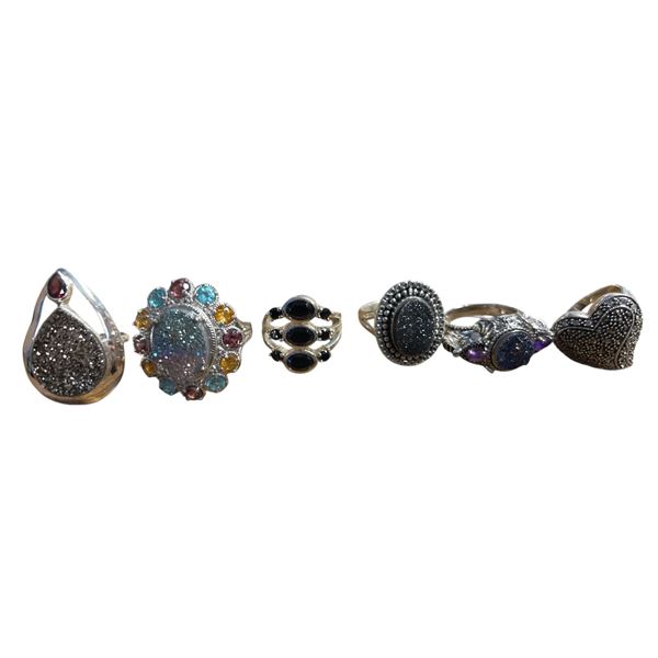 6 New Druzy, Marcasite & Hematite Rings in Silver Settings - all stamped .925 (longest ring is 31 mm