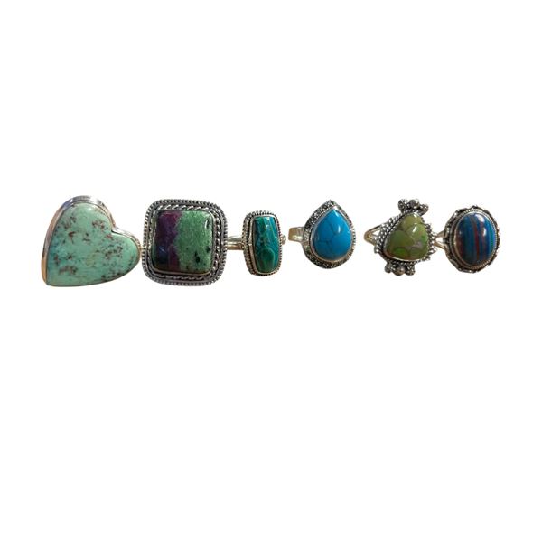 6 New Polished Natural Turquoise, Larmar, Ruby Zoisite & Malachite Rings in Silver Settings - all st