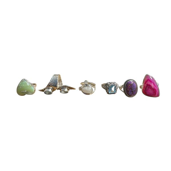 6 New Polished or Faceted Druzy, Agate, Charoite, & Crystal Rings in Silver Settings - all stamped .
