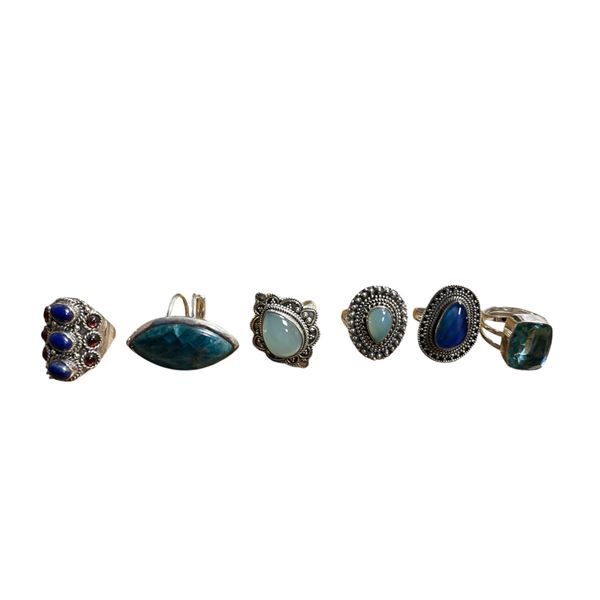 6 New Polished or Faceted Chalcedony, Agate, & Lapis Rings in Silver Settings - all stamped .925 (lo