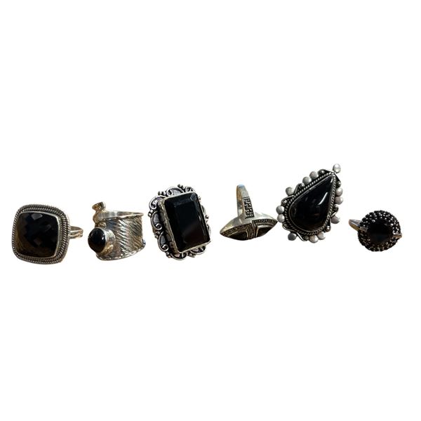 6 New Polished or Faceted Black Onyx, Hematite & Crystal Rings in Silver Settings - all stamped .925