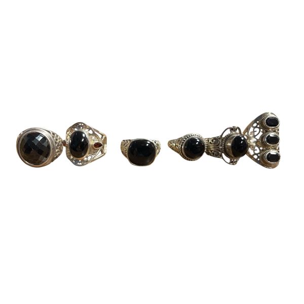 6 New Polished or Faceted Black Onyx, Hematite & Crystal Rings in Silver Settings - all stamped .925