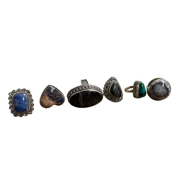 6 New Polished Natural Agate & Stone Rings in Silver Settings - all stamped .925 (longest ring is 38