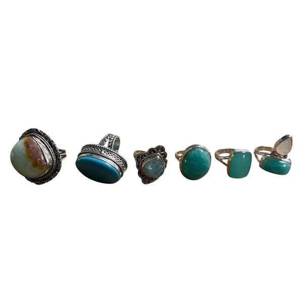 6 New Polished Natural Agate, Chalcedony, Turquoise & Larimar Stone Rings in Silver Settings - all s