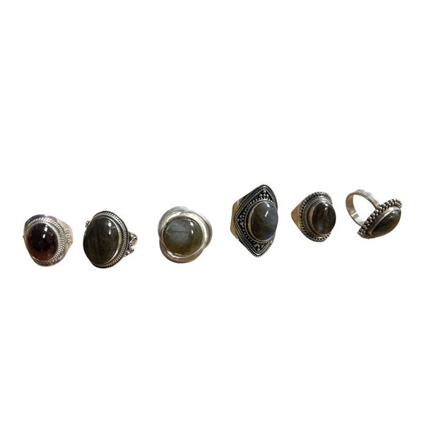 6 New Polished Labradorite Rings in Silver Settings - all stamped .925 (longest ring is 35 mm)   Tot