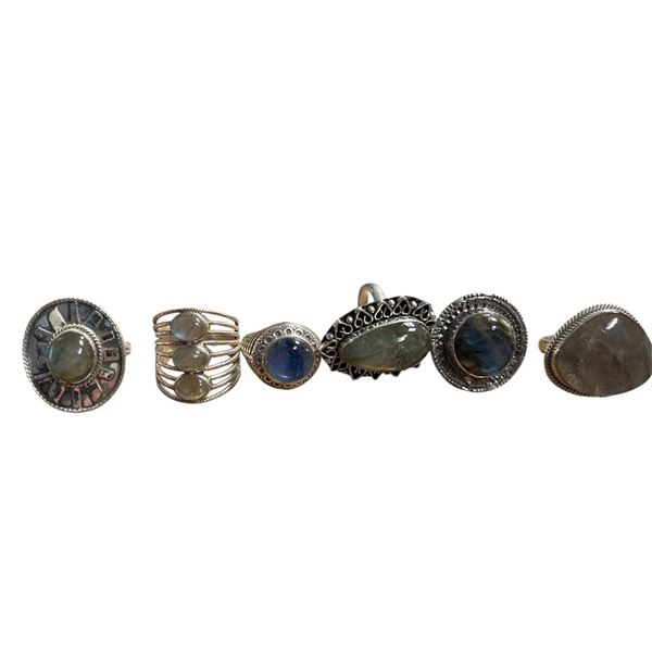 6 New Polished Labradorite Rings in Silver Settings - all stamped .925 (longest ring is 34 mm)   Tot