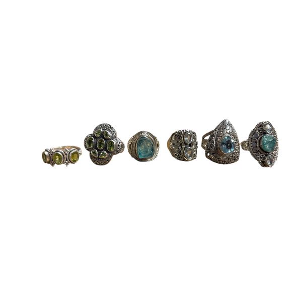 6 New Raw Topaz & Faceted Topaz & Peridot Crystal Rings in Silver Settings - all stamped .925 (longe