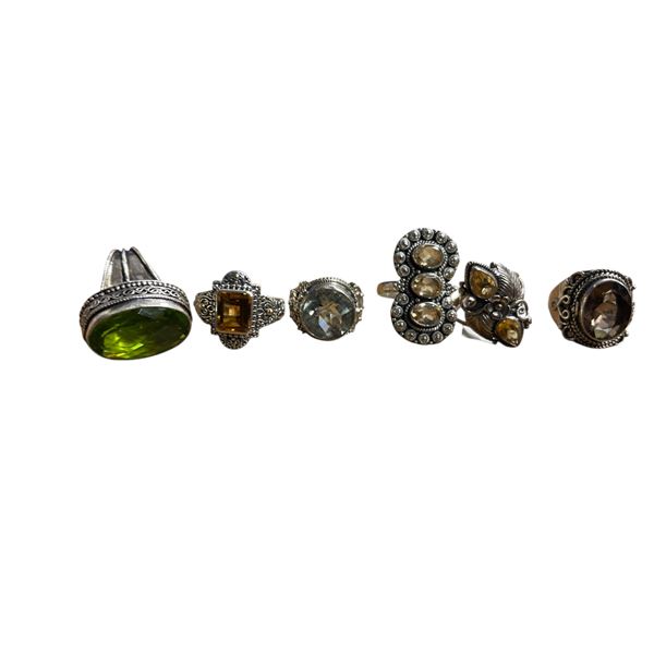 6 New Faceted Topaz, Peridot & Citrine Crystal Rings in Silver Settings - all stamped .925 (longest 