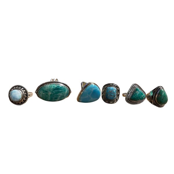 6 New Polished Natural Turquoise, Larimar and Amazonite Rings in Silver Settings - all stamped .925 