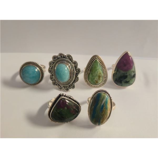 6 New Polished Natural Turquoise, Larmar, Ruby Zoisite & Malachite Rings in Silver Settings - all st