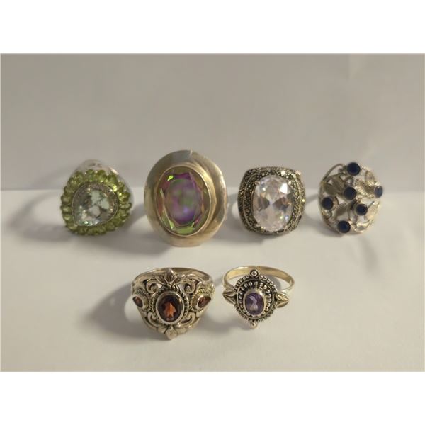 6 New Faceted  Crystal & Quartz Crystal Rings in Silver Settings - all stamped .925 (longest ring is