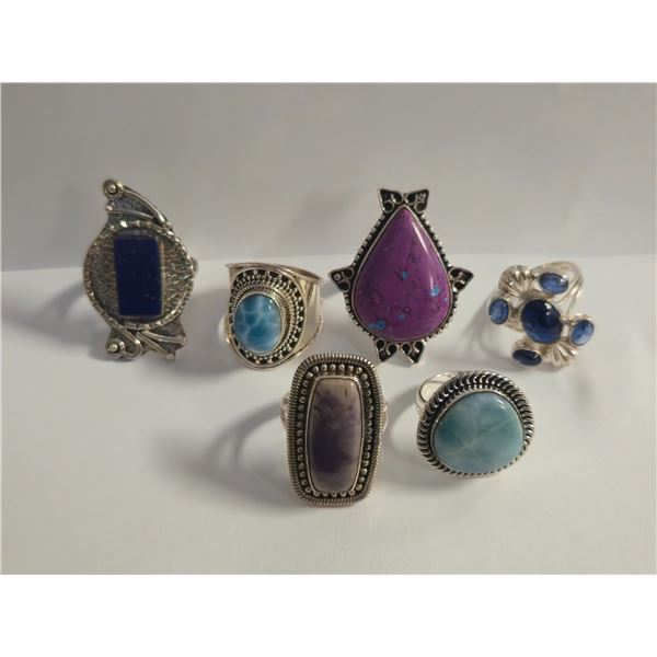 6 New Polished, Agate, Charoite, Lapis & Larimar Rings in Silver Settings - all stamped .925 (longes