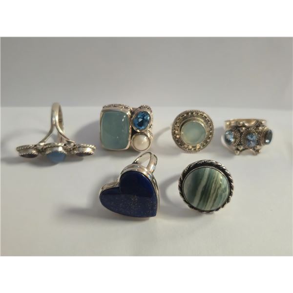6 New Polished or Faceted Chalcedony, Agate, & Lapis Rings in Silver Settings - all stamped .925 (lo