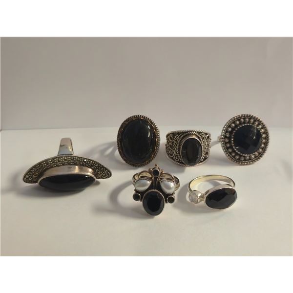 6 New Polished or Faceted Black Onyx, Hematite & Crystal Rings in Silver Settings - all stamped .925