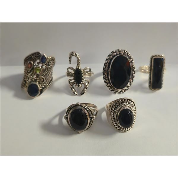 6 New Polished or Faceted Black Onyx, Hematite & Crystal Rings in Silver Settings - all stamped .925