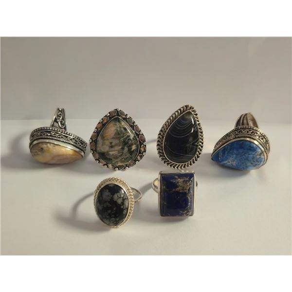 6 New Polished Natural Agate & Stone Rings in Silver Settings - all stamped .925 (longest ring is 35