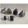 Image 3 : 6 New Polished Natural Agate & Stone Rings in Silver Settings - all stamped .925 (longest ring is 35