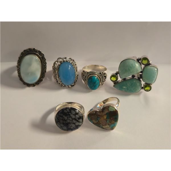 6 New Polished Natural Agate, Chalcedony, Turquoise & Larimar Stone Rings in Silver Settings - all s