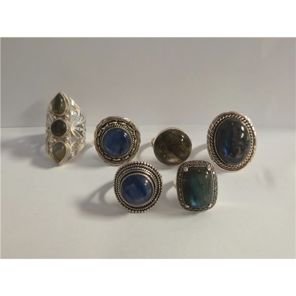 6 New Polished Labradorite Rings in Silver Settings - all stamped .925 (longest ring is 35 mm)   Tot