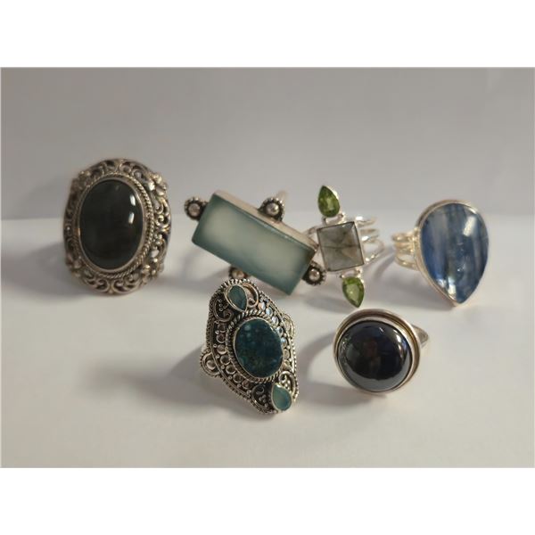 6 New Hematite, Labradorite, Chalcedony & Agate Rings in Silver Settings - all stamped .925 (longest