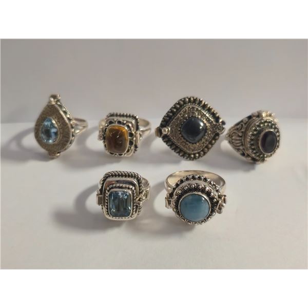 6 New Poison Compartment Gemstone Rings in Silver Settings - all stamped .925 (longest ring is 31 mm