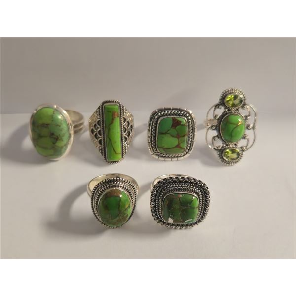 6 New Green Copper Turquoise Rings in Silver Settings - all stamped .925 (longest ring is 28  mm) To