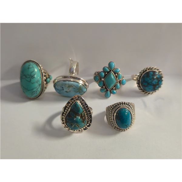 6 New Blue Turquoise Rings in Silver Settings - all stamped .925 (longest ring is 29  mm) Total weig