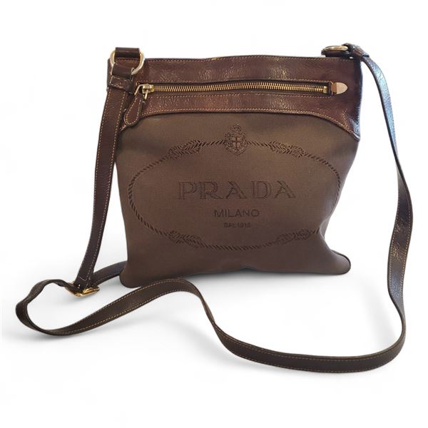 Prada Logo Jacquard Brown Canvas Crossbody Bag - No COA