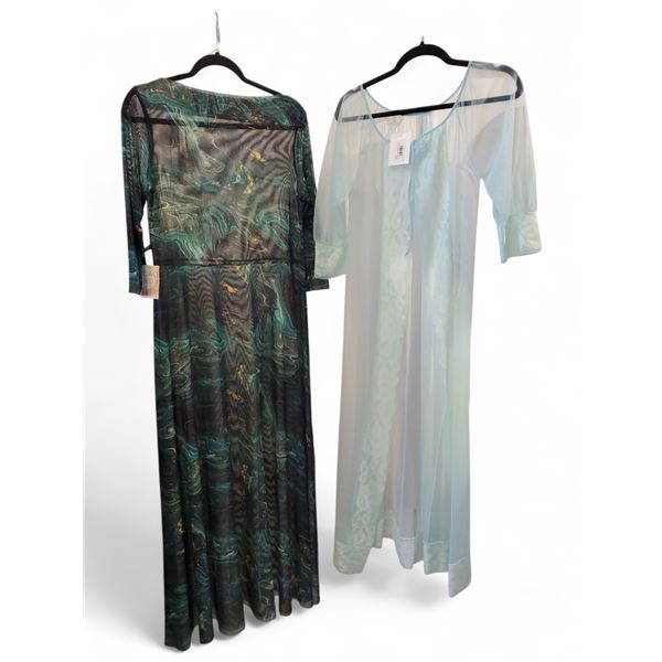 Vintage Movie Star Mint Lace Robe & Green Patterned Mesh Maxi Dress - Size S, R.V $119.100