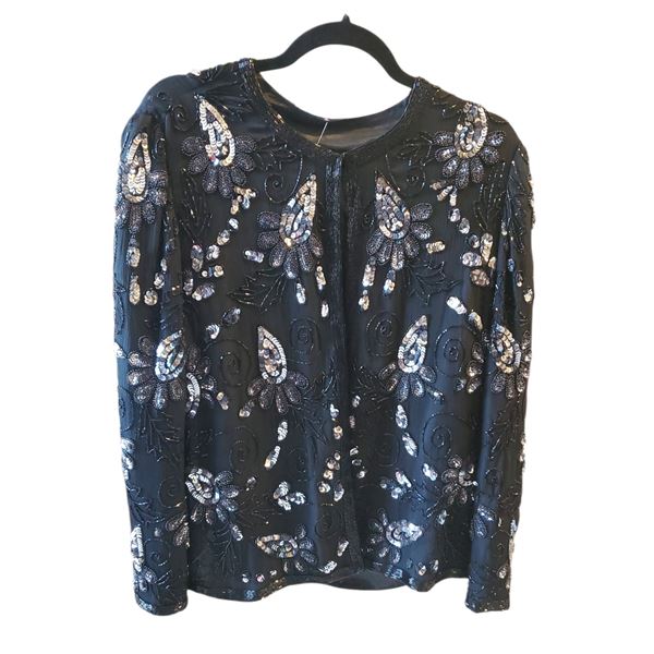 Vintage Black Beaded Evening Lined Jacket, Size L - R.V. $129