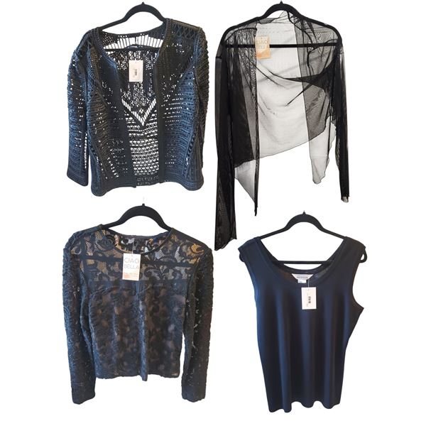 Vintage group of 4 Black Designer Tops - includes Misook, Lace Top, Zara Knit Blazer, Size M/L (Tota