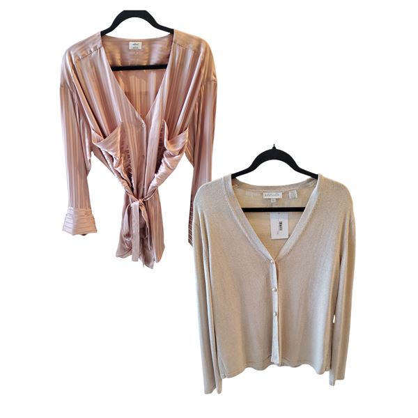 Wilfred Zelie Pink Silk Blouse & Ann Taylor Gold Silk Cardigan, Size L - Total R.V.  $193