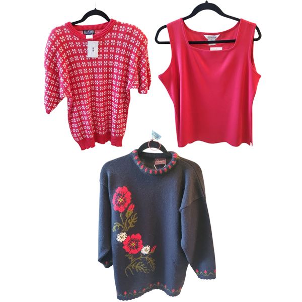 Vintage group of 2 Knit Sweaters & Misook Red Tank Top, Size M/L - Total R.V. $183