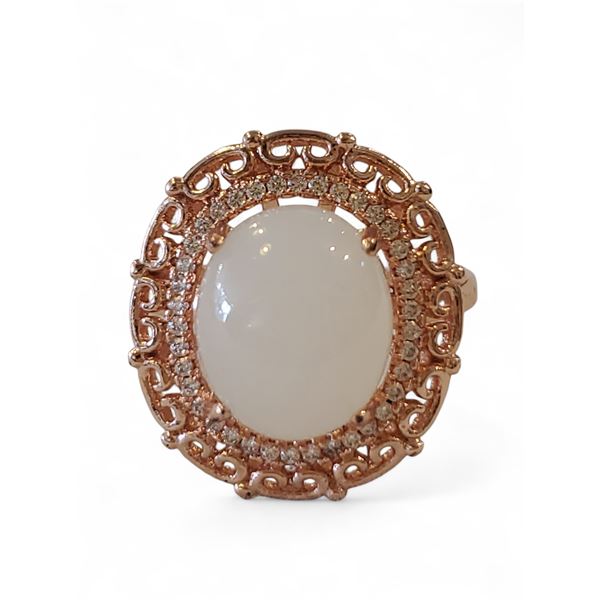 Vintage Rose Gold Zirconia Cabochon Halo Ring - Adjustable Size
