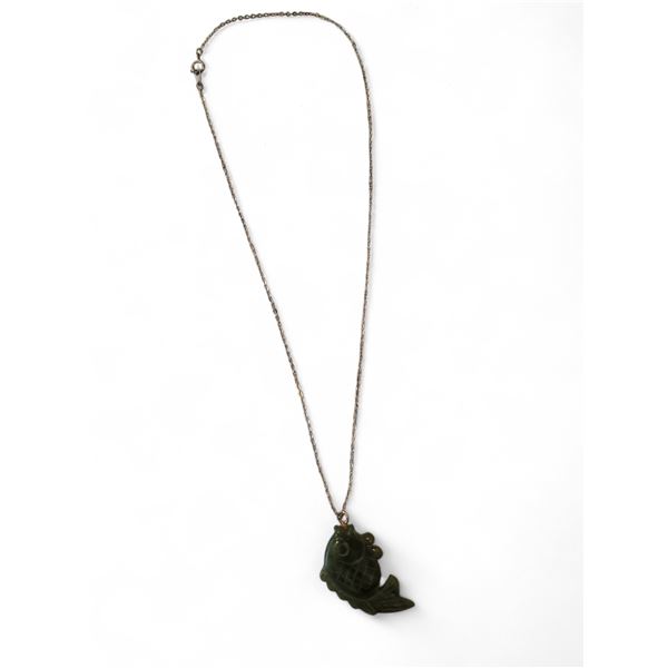 Carved Green Jade Fish Pendant w/ Chain (approx. 16") - R.V. $74.100