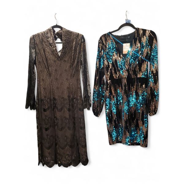 Angeleye Black Velvet Sequin & Christine Lace Evening Dresses, Size S - Total R.V. $197