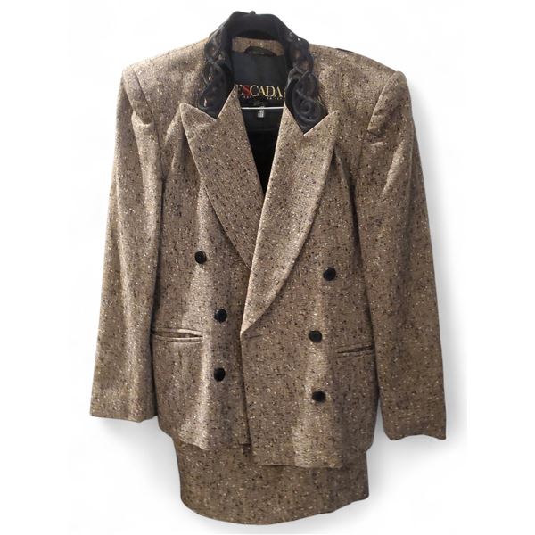 Vintage Escada by Margaretha Ley New Wool Tweed Brown & Black Suit, w/ Blazer & Pencil Skirt - Size 