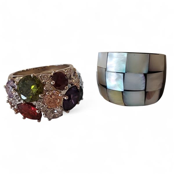 Vintage Group of 2 Silver Tone Ring & Horn Mosaic Shell Ring - R.V. $105