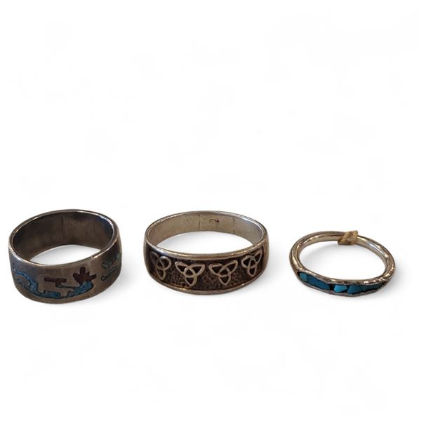 Vintage Group of 3 Rings - includes Crushed Coral & Silver Navajo Ring, Silver Triinity Knot Ring, T