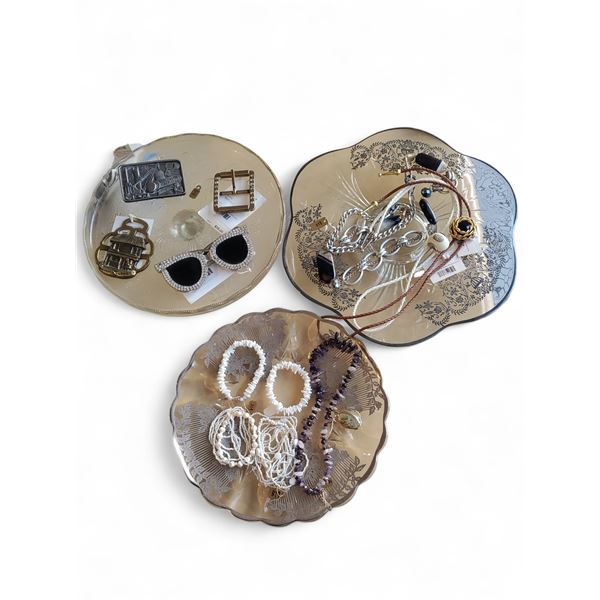 Vintage group of 3 Glass Trays & Jewellery - includes belt buckles, Necklaces & More (approx. 15 pcs