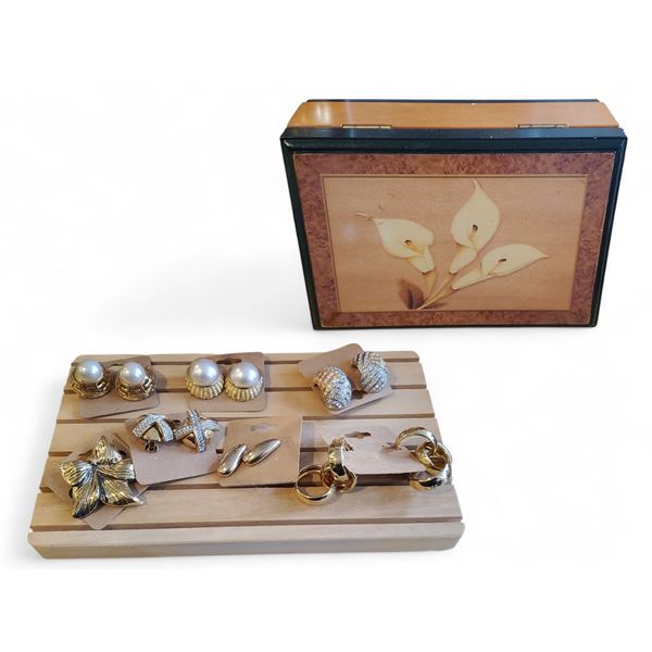 Vintage Wooden Box & Assorted Golden Jewellery - includes Clip Earrings, Brooch & Wooden Tray
