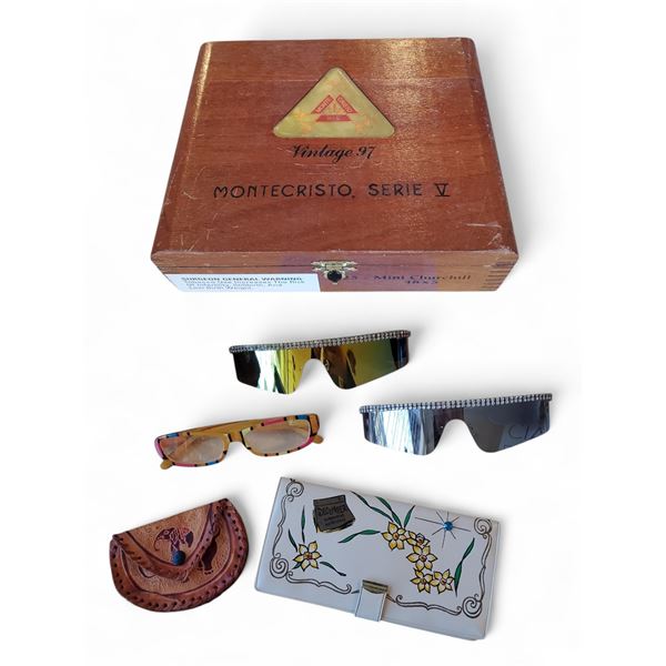Vintage group of 3 sunglasses, 1958's Wallet & Montecristo Tobacco Wooden Box