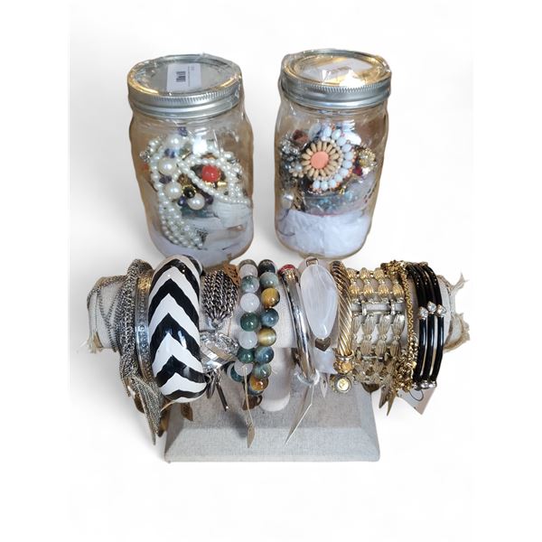 Vintage group of Assorted Jewelry & Bracelets - includes 2 Jars full of contents & Bracelet Tray