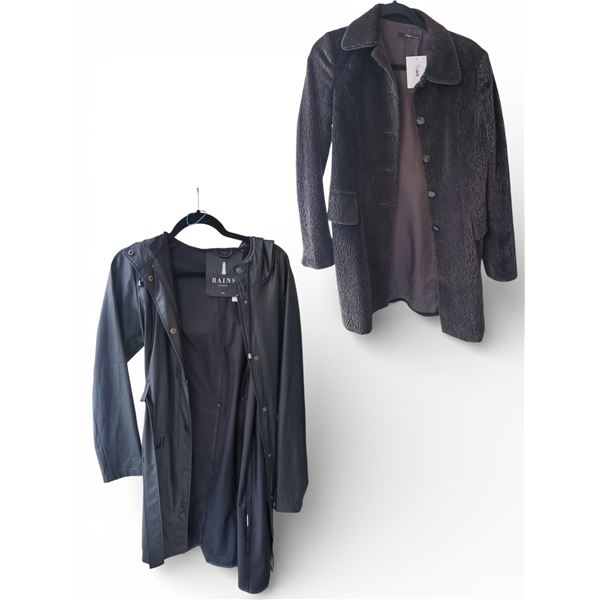 Vintage Black Faux Fur Coat & Black Rain Trench Coat, Size XS - Approx. Total R.V.. $201