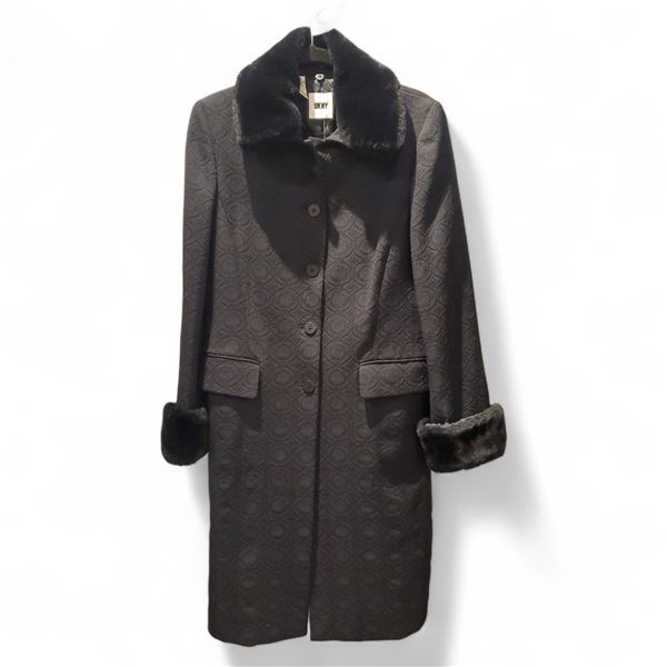 Vintage Donna Karan (DKNY) Black Patterned Faux Fur Collar & Cuffs Walker Coat, Size M - R.V. $118.1