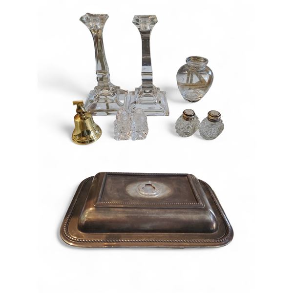 Vintage group of Assorted Decorative Glass Items & Antique Silver-Plated Tray