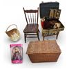 Image 1 : Vintage group of Rattan Basket, Suitcases w/ Accessories Contents & Wooden Stool