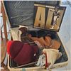 Image 2 : Vintage group of Rattan Basket, Suitcases w/ Accessories Contents & Wooden Stool