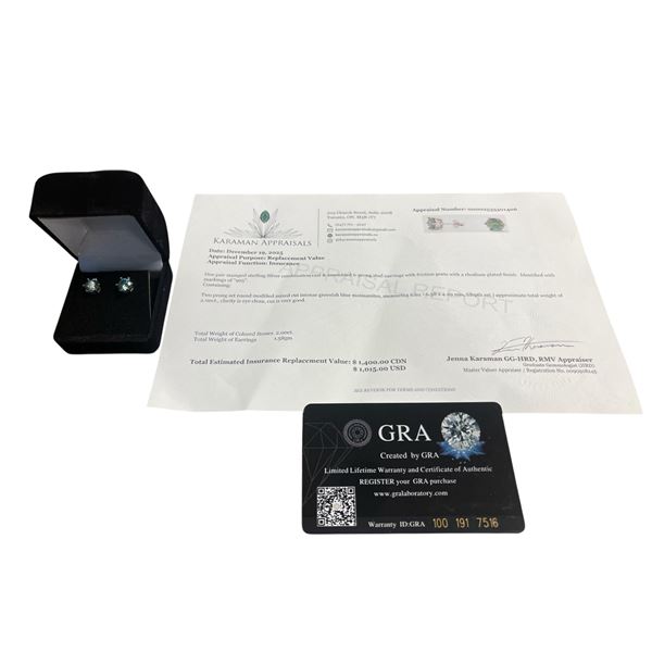 2.00 CT TW GRA CERTIFIED ROUND BRILLIANT CUT MOISSANITE STONES VVS INTENSE GREENISH BLUE COLOR SET I